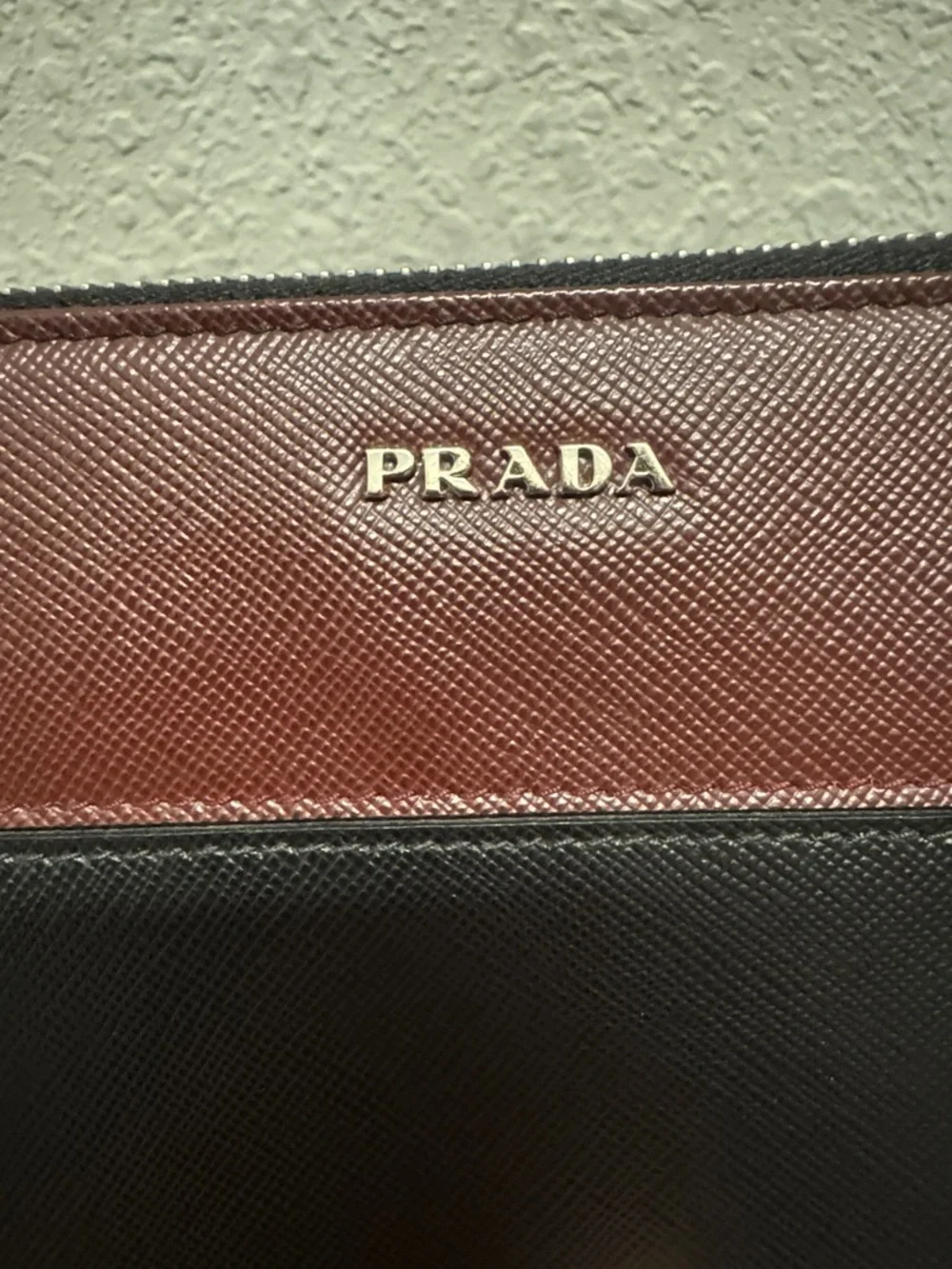 PRADA Two-Tone Zip Wallet in Burgundy and Black